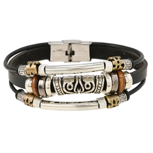 Detail of multi-layer leather bracelet with stainless steel clasp and wooden beads