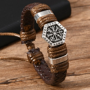 Men's vintage braided leather bracelet with a hexagonal Viking Vegvisir compass charm