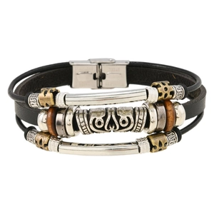 Retro multi-layer stainless steel leather bracelet with wooden beads and metal accents