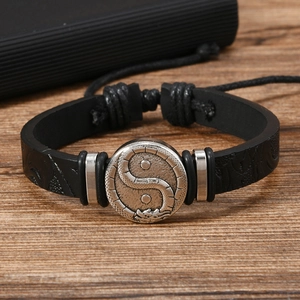 Men's retro braided leather bracelet featuring a silver dragon yin yang magnetic buckle