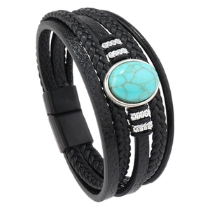 Men's multilayer black braided leather bracelet with turquoise stone and magnetic clasp