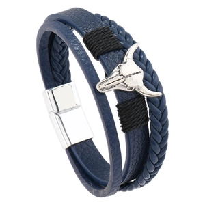Bracelet pour homme en cuir tressé bleu multicouche avec crâne de taureau et fermoir magnétique