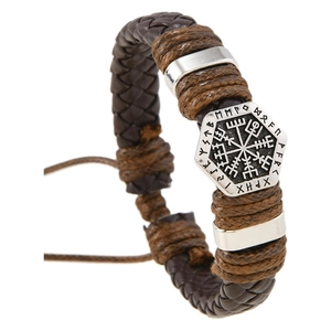 Men's vintage braided leather bracelet with Viking Vegvisir compass charm and runic metal plate