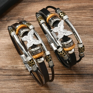 Vintage Mehrlagig Geflochtenes Lederarmband Mit Schmetterlingsanhänger Legierung Holzperlen Edelstahl Verschluss Schmuck