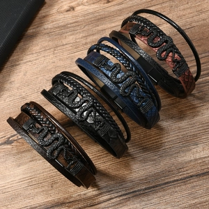 Vintage Men Punk Multi-layer Braided PU Leather Bracelet Snake Charm Alloy Magnetic Clasp Jewelry Retro Hip Hop Wristband