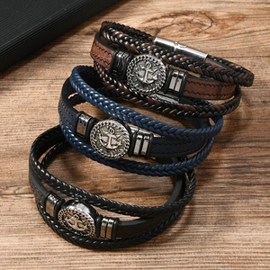 Men's multi-layer braided leather bracelets with vintage anchor metal charms in three colors