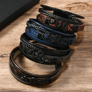 Braided multilayer leather men's bracelet set with black snake charm and magnetic clasp