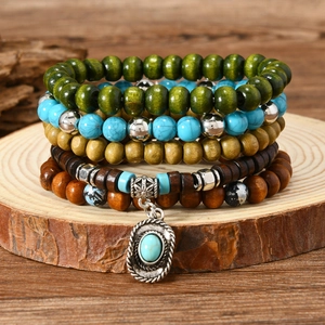 Bohemian Handmade Wood Bead Bracelet For Men With Synthetic Turquoise And Alloy Pendant Retro Ethnic Style Multi Layer Jewelry