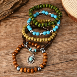 Five-piece bohemian handmade wood bead and turquoise stretch bracelet set for men