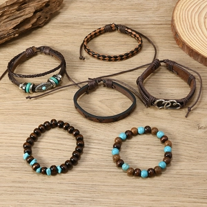 Lot de 6 bracelets bohèmes avec perles de bois, cœurs turquoise et cuir tressé