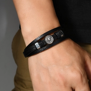 Men's multi-layer black leather punk bracelet with vintage compass metal charm