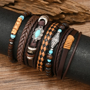 Set de 6 bracelets bohèmes en cuir tressé avec perles de turquoise et bois vintage