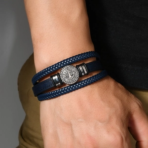 Navy blue multi-layer braided leather anchor bracelet for men with silver metal buckle