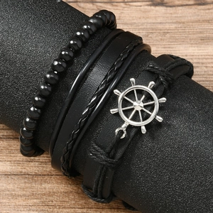 Men's multi-layer black leather bracelet set with silver ship rudder charm and beads