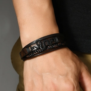 Men's multi-layer leather braid bracelet with a black snake metal charm and magnet clasp