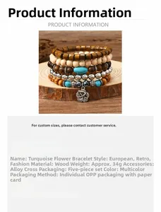 Detailed view of handmade five-piece blue turquoise and wooden bead stretch bracelets set