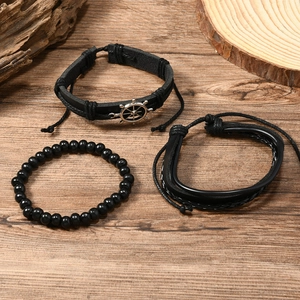 Three-piece set of men's vintage black leather braided bracelets with silver rudder charm