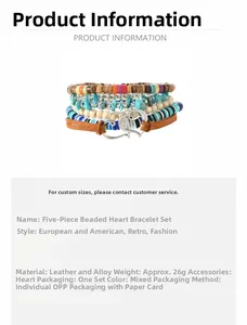 Macro detail of multi-layer bohemian beaded bracelets with heart charm and leather cord