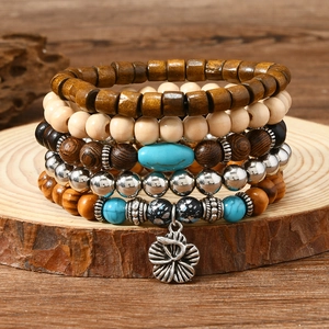 Bohemian Wood Beaded Bracelet Combination Retro Turquoise Flower Charm Elastic Strand Ethnic Jewelry For Men Women
