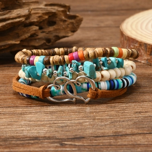 Vintage Bohemian Wood Bead Heart Bracelet Set Alloy Turquoise Heishi Clay Stone Multi Layer Ethnic Jewelry For Men Women