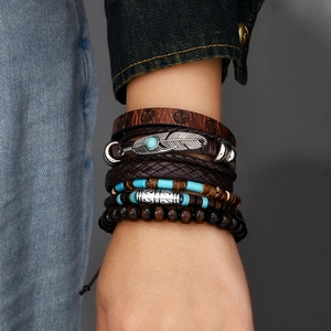 Men's bohemian multi-layer stackable bracelet set with leather strap and feather charm