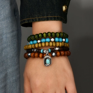 Five-piece Bohemian set with coconut wood beads and turquoise stretch bracelets for men
