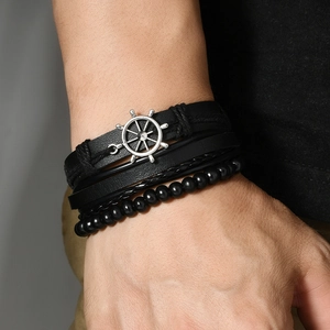 Men's vintage multi-layer black leather bracelet set with silver alloy helm charm