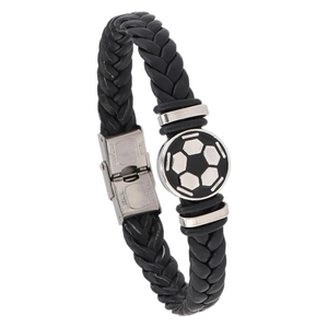 Herren-Fussballarmband aus schwarzem geflochtenem Leder mit Edelstahlverschluss