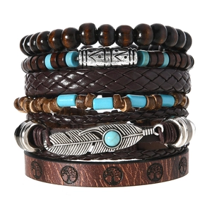 Bohemian multi-layer wooden bead bracelet set with silver feather and tree of life charms