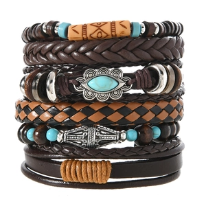 Lot de 6 bracelets bohèmes vintage avec perles turquoise et tresses en cuir marron