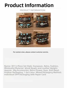 Detail view of 6-piece DIY bohemian bracelet set featuring wood beads and vintage charms