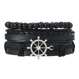 Vintage multilayer black leather bracelet set with matte beads and silver ship wheel charm