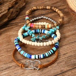 Bohemian multi-layer wooden bead bracelet set with turquoise accents and heart charms