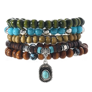 5-piece Bohemian set with coconut wood beads, turquoise, and vintage metal pendant