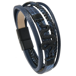 Detail of multi-layer blue leather bracelet with black snake charm and magnetic clasp
