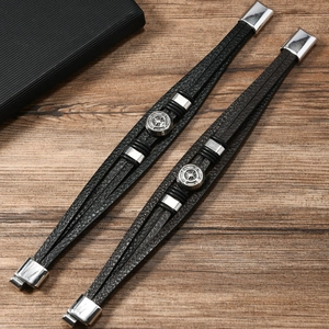 Mens black leather punk bracelet set with compass charm and silver magnetic buckle