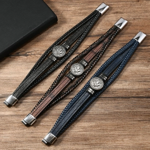Men's multilayer braided leather anchor bracelet set in black brown and navy blue colors