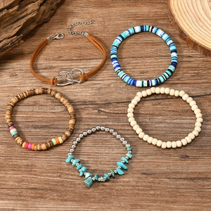 Bohemian multilayer wood bead and turquoise heart charm stretch bracelet set for couples