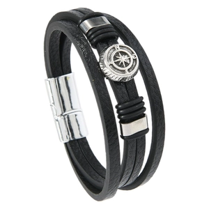 Men's multilayer black leather bracelet with vintage compass charm and magnetic clasp