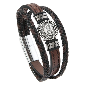Men's navy anchor leather bracelet with multi-layer braided straps and magnetic clasp