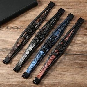 Men's multilayer braided leather bracelets with embossed snake charm and magnetic clasp