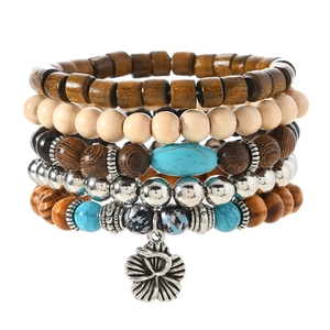 5-piece bohemian set with blue turquoise, wooden beads and flower charm bracelet