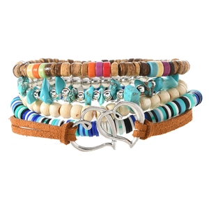 Multilayer bohemian wood bead bracelet set with silver heart charms and colorful heishi beads