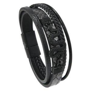 Men's black braided leather multilayer bracelet featuring a 3D snake charm and magnetic clasp
