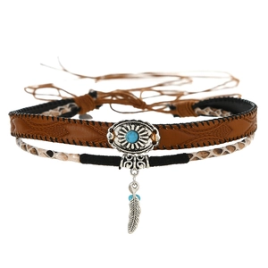 Bohemian multi-layer choker necklace with turquoise stone and silver feather pendant