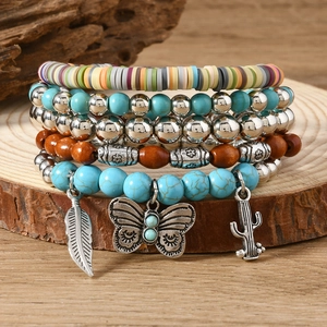 Bohemian Multilayer Bracelets Synthetic Turquoise Polymer Clay Beads Wood Alloy Cactus Butterfly Feather Jewelry For Women