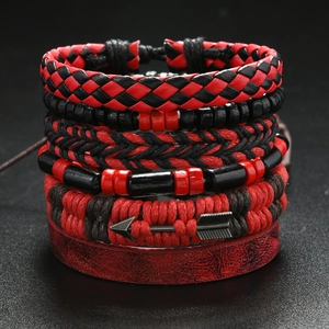 Vintage Punk Multilayer Woven PU Leather Wood Beaded Bracelet With Metal Arrow Charm Adjustable Men Ethnic Jewelry