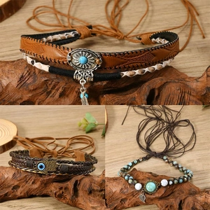 Vintage Bohemian Turquoise Feather Evil Eye Hamsa Hand Pendant Necklace Women PU Leather Woven Beads Ethnic Choker Jewelry