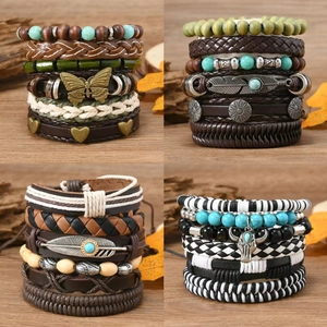 Detail view of 6-piece bohemian bracelet set with turquoise beads and feather charms