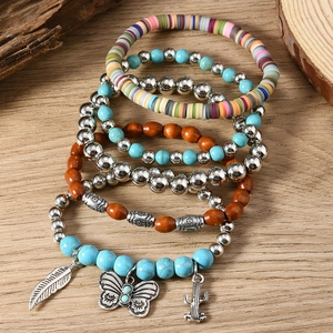 Bohemian 5-piece multilayer stretch bracelet set with cactus butterfly and feather charms